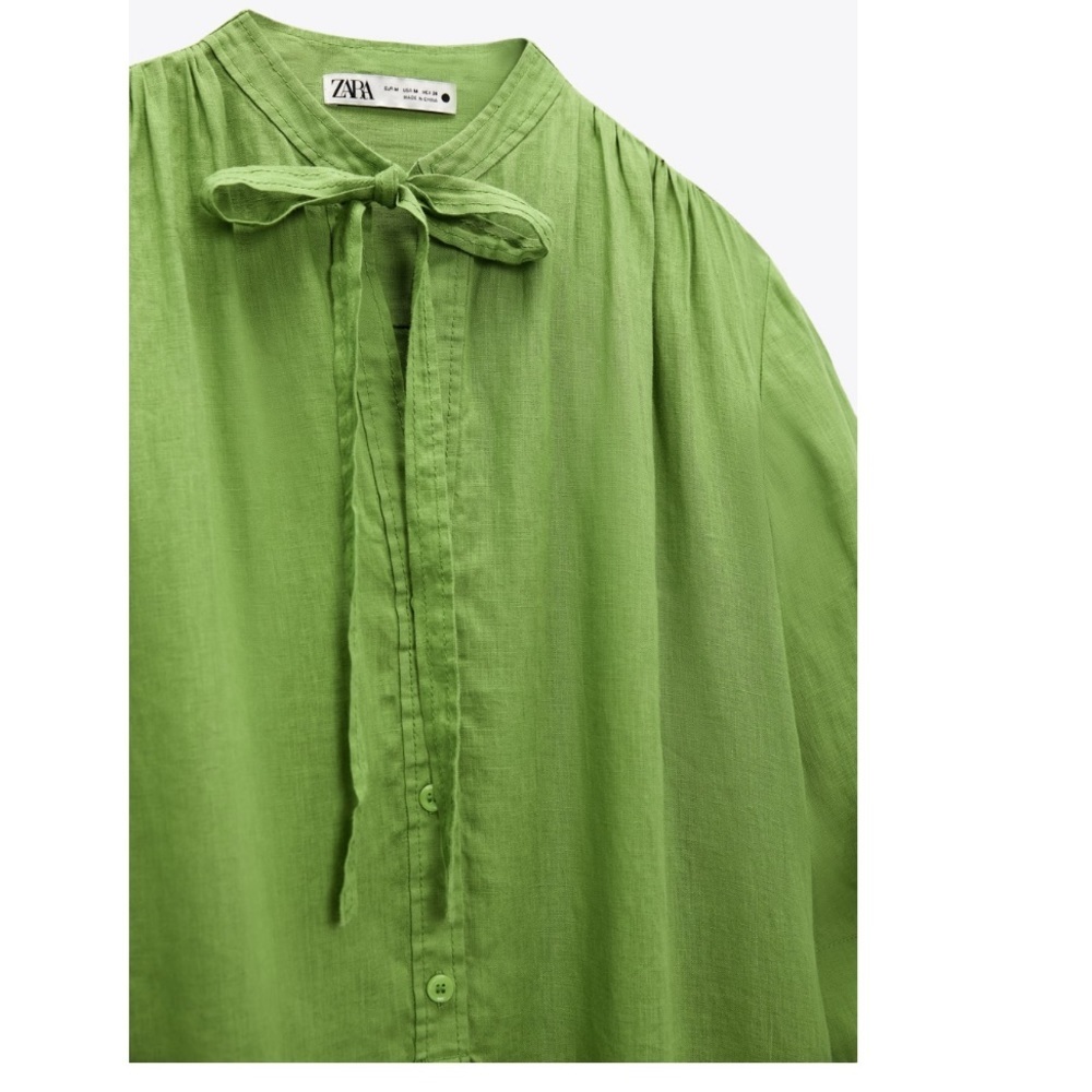 Nwt Zara Pure Linen Neck Tie 100% European Apple Green  Linen dress - Picture 3 of 8